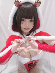 Rule 34 | 1girl, animal ears, asian, bare shoulders, black eyes, black hair, braces, breasts, chinese (nationality), christmas, cleavage, cleavage cutout, clothing cutout, elbow gloves, gloves, heart, highres, indoors, large breasts, leggings, mizhimaoqiu, photo (medium), ribbon, santa costume, short hair, solo, tagme, thighs