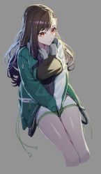 Rule 34 | 1girl, :3, arms under breasts, bare legs, between legs, black shirt, breasts, brown hair, cropped legs, dl (dl 6ix), eyelashes, from above, gradient hair, green jacket, grey background, hair ornament, hand between legs, headphones, headphones around neck, highres, jacket, large breasts, legs together, long hair, looking afar, medium breasts, multicolored hair, open clothes, open jacket, orange eyes, project sekai, purple hair, shiny skin, shiraishi an, shirt, shirt tucked in, shorts, sidelighting, simple background, solo, star (symbol), star hair ornament, swept bangs, thighs, tsurime, v arms, wavy hair, zipper