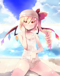 Rule 34 | 1girl, blonde hair, day, female focus, flandre scarlet, one-piece swimsuit, red eyes, school swimsuit, shin (new), short hair, side ponytail, solo, swim cap, swimsuit, touhou, white school swimsuit, white one-piece swimsuit, wings