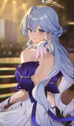 Rule 34 | 1girl, backless dress, backless outfit, bare back, bare shoulders, blue hair, commentary, detached sleeves, dress, gloves, green eyes, head wings, hievasp, highres, honkai: star rail, honkai (series), long hair, looking at viewer, robin (honkai: star rail), short sleeves, smile, solo, upper body, very long hair, white gloves, wings