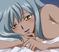 Rule 34 | 00s, 1girl, bed sheet, blue background, breasts, brown eyes, cleavage, close-up, closed mouth, code geass, completely nude, dark-skinned female, dark skin, female focus, lips, long hair, looking at viewer, lowres, lying, medium breasts, nude, on side, purple lips, shiny skin, silver hair, simple background, sinko, smile, solo, topless frame, upper body, villetta nu, villetta nu (amnesia)