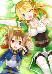 Rule 34 | 2girls, ;d, animal ears, arm up, armor, blonde hair, breastplate, breasts, brown hair, cat ears, choker, cleavage, collarbone, from above, green eyes, hair between eyes, hair ornament, hair ribbon, highres, large breasts, leafa, long hair, lying, multiple girls, on back, one eye closed, open mouth, pointy ears, red eyes, red ribbon, ribbon, short shorts, shorts, silica, silica (sao-alo), smile, sword art online, thighhighs, very long hair, white legwear, white shorts, yuna (yukiyuna)