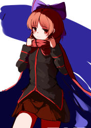 Rule 34 | 1girl, absurdres, black shirt, blush, bow, brown skirt, cape, closed mouth, cowboy shot, hair bow, high collar, highres, long sleeves, looking at viewer, miniskirt, purple bow, red cape, red eyes, red hair, sancking (fatekl), sekibanki, shirt, short hair, skirt, smile, solo, touhou