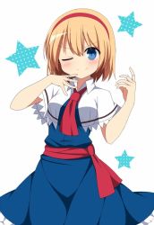 Rule 34 | &gt;:), 1girl, ;), alice margatroid, bad id, bad pixiv id, blonde hair, blue dress, blue eyes, blush, breasts, capelet, commentary request, cowboy shot, dress, enushi (toho193), hair between eyes, hairband, hands up, highres, jewelry, medium breasts, one eye closed, petticoat, puppet rings, red hairband, red neckwear, red sash, ring, sash, short hair, simple background, smile, smug, solo, standing, star (symbol), touhou, v-shaped eyebrows, white capelet, wing collar