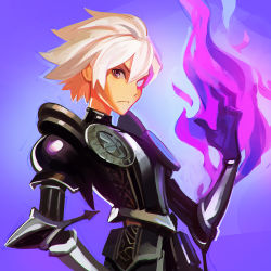 Rule 34 | 1boy, armor, black gloves, blue background, fire, gloves, glowing, glowing eye, gradient background, ilya kuvshinov, looking at viewer, male focus, odin sphere, oswald, red eyes, solo, spiked hair, upper body, white hair