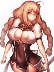 Rule 34 | 10s, 1girl, braid, breasts, brown eyes, brown hair, cleavage, cleavage cutout, clothing cutout, curvy, covered erect nipples, fumio (rsqkr), large breasts, long hair, looking at viewer, rakudai kishi no cavalry, simple background, solo, standing, thighs, toudou touka, twin braids, white background, wide hips