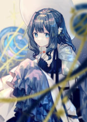 Rule 34 | 1girl, absurdres, arknights, astesia (arknights), astesia (starseeker) (arknights), black gloves, blue dress, blue hair, blurry, blush, breasts, bright pupils, cape, closed mouth, depth of field, dress, elbow gloves, feet out of frame, gloves, gradient background, grey background, highres, knees up, layered dress, long hair, looking at viewer, miike (992058), official alternate costume, sidelocks, sitting, small breasts, solo, two-tone dress, white cape, white dress, white headwear