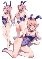 Rule 34 | 1girl, absurdres, animal ears, ass, bare legs, bare shoulders, blue eyes, blue hair, blush, bow, bowtie, breasts, cleavage, covered navel, fake animal ears, from behind, genshin impact, hand on own hip, high heels, highleg, highleg leotard, highres, legs, leotard, looking at viewer, looking back, multicolored hair, open mouth, piano-alice, pink hair, playboy bunny, purple leotard, rabbit ears, rabbit tail, sangonomiya kokomi, simple background, tail, thighs, two-tone hair, white background, wrist cuffs
