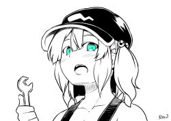 Rule 34 | 1girl, blue eyes, blush, commentary request, flat cap, greyscale, hair bobbles, hair ornament, hat, highres, holding, holding wrench, kagiyama shachou, kawashiro nitori, looking at viewer, medium hair, monochrome, open mouth, portrait, sidelocks, simple background, solo, spot color, tank top, touhou, two side up, wrench