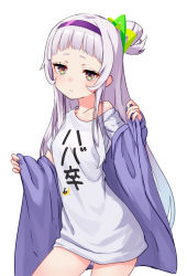 Rule 34 | 1girl, alternate costume, asymmetrical hair, blue jacket, blush, breasts, closed mouth, clothes writing, commentary, cowboy shot, expressionless, hair bun, hairband, hexagram hair ornament, highres, hololive, jacket, long hair, looking at viewer, murasaki shion, off shoulder, open clothes, open jacket, orange eyes, pensuke, purple hairband, shirt, side bun, silver hair, simple background, single hair bun, single side bun, small breasts, solo, t-shirt, thighs, translated, virtual youtuber, white background, white shirt