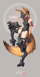Rule 34 | 1girl, absurdres, animal ear fluff, animal ears, arms at sides, bracelet, breasts, claws, commission, covered navel, english text, exoskeleton, fox ears, fox girl, fox mask, fox tail, full body, highres, jewelry, large hands, leotard, mask, original, signature, skeb commission, small breasts, solo, standing, standing on one leg, tail, zenmaibook