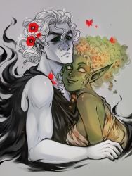 Rule 34 | 1boy, 1girl, ashiori-chan, black sclera, brown eyes, bug, butterfly, colored sclera, colored skin, commentary, couple, daphne (lore olympus), english commentary, flower, green eyes, green hair, green skin, grey background, grey hair, grey skin, grin, hair flower, hair ornament, hetero, insect, lore olympus, medium hair, nymph, pointy ears, red butterfly, smile, thanatos (lore olympus)