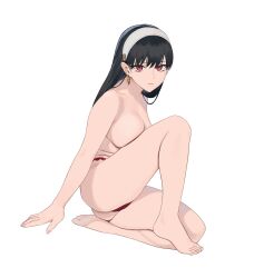 Rule 34 | 1girl, absurdres, barefoot, black hair, breasts, carlo montie, closed mouth, earrings, expressionless, fingernails, hair down, hairband, highres, jewelry, knee up, large breasts, long hair, looking at viewer, on one knee, panties, red eyes, red panties, simple background, solo, spy x family, thighs, topless, underwear, white background, white hairband, yor briar