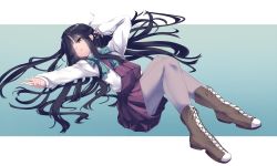 Rule 34 | 001machi, 1girl, absurdres, black hair, boots, bow, bowtie, brown eyes, cross-laced footwear, dress, full body, grey pantyhose, hair over one eye, halterneck, hayashimo (kancolle), highres, hime cut, kantai collection, lace-up boots, long hair, lying, pantyhose, parted lips, school uniform, shirt, solo, very long hair, white shirt