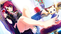 Rule 34 | 1girl, barefoot, blush, braid, breasts, cup, dora, drinking glass, dutch angle, fang, feet, feet on chair, flower, foreshortening, game cg, gem, jewelry, legs, long hair, luce yami asutarite, magical marriage lunatics!!, open mouth, applying pedicure, pendant, pitcher (container), red hair, rose, sitting, solo, spread toes, toenails, toes, wine glass, yamakaze ran, yellow eyes