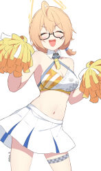 Rule 34 | 1girl, absurdres, alternate costume, blonde hair, blue archive, blush, breasts, cheerleader, cleavage, closed eyes, collarbone, glasses, halo, highres, kotori (blue archive), kotori (cheer squad) (blue archive), medium breasts, millennium cheerleader outfit (blue archive), navel, open mouth, pom pom (cheerleading), reia 76, short hair, solo, twitter username, white background