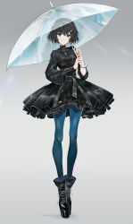Rule 34 | 1girl, ankle boots, aqua eyes, black hair, boots, dress, full body, highres, holding, holding umbrella, looking at viewer, original, pantyhose, platform boots, platform footwear, short hair, simple background, solo, swav, umbrella, wide sleeves