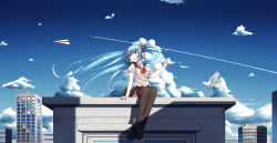 Rule 34 | 1girl, black skirt, black thighhighs, blouse, blue eyes, blue hair, city, cloud, contrail, enuni, full body, hair ribbon, hatsune miku, highres, legs together, long hair, looking back, looking up, open mouth, outdoors, paper airplane, pleated skirt, ribbon, rooftop, scenery, school uniform, serafuku, shirt, skirt, sky, solo, thighhighs, twintails, very long hair, vocaloid, white shirt, wide shot