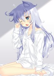 Rule 34 | 10s, 1girl, animal ears, bare legs, barefoot, bed sheet, blue eyes, blush, collarbone, commentary request, dress shirt, fang, head tilt, hibiki (kancolle), kantai collection, kemonomimi mode, long hair, naked shirt, off shoulder, on bed, one eye closed, open mouth, rubbing eyes, shirt, silver hair, sitting, sleepy, solo, toujou mina, waking up, wariza