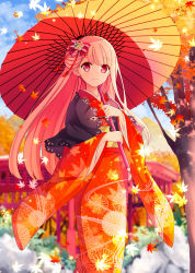 Rule 34 | 1girl, absurdres, autumn leaves, blue sky, blunt bangs, brown hair, day, floating hair, goma (11zihisin), hair ornament, highres, holding, holding umbrella, japanese clothes, kimono, leaf, leaf print, long hair, looking at viewer, maple leaf, oil-paper umbrella, orange kimono, orange umbrella, original, outdoors, red eyes, sky, smile, solo, standing, tree, umbrella, very long hair, yukata