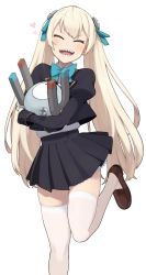 Rule 34 | 1girl, ^ ^, ^o^, accio, aqua bow, aqua bowtie, blonde hair, blouse, blush, bow, bowtie, closed eyes, creatures (company), facing viewer, game freak, gen 1 pokemon, hair ornament, hug, leg up, loafers, long hair, magnemite, nintendo, personification, pleated skirt, pokemon, pokemon (creature), sharp teeth, shirt, shirt tucked in, shoes, simple background, skindentation, skirt, teeth, thighhighs, twintails, white background, white legwear, white shirt