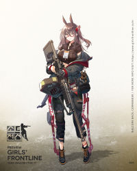 Rule 34 | 1girl, ammunition belt, animal ears, ankle boots, anklet, armor, bag, baggy clothes, black footwear, black pants, blush, boots, brown eyes, brown hair, brown shirt, character name, closed mouth, coat, collared shirt, copyright name, cross-laced footwear, dog, exoskeleton, frown, full body, girls&#039; frontline, gloves, grey coat, gun, hair ornament, hairclip, highres, holding, holding gun, holding weapon, horse ears, jewelry, knee pads, lace-up boots, lanyard, logo, long hair, machine gun, mole, mole under eye, name tag, nin (lion), off shoulder, official art, one side up, open clothes, open coat, pants, red-framed eyewear, semi-rimless eyewear, shirt, short sleeves, single glove, single knee pad, sleeves past wrists, smile, solo, taut clothes, taut shirt, torn clothes, torn pants, trigger discipline, type 88 (girls&#039; frontline), type 88 lmg, weapon