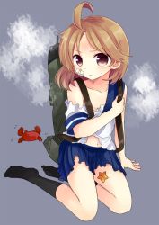 Rule 34 | 10s, blonde hair, crab, kantai collection, nagasioo, oboro (kancolle), purple eyes, school uniform, short hair, solo, torn clothes