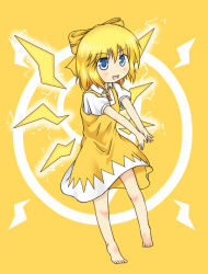 Rule 34 | circled 9, 1girl, alternate costume, alternate element, barefoot, blonde hair, blue eyes, bow, cirno, electricity, hair bow, haty, ikazu cirno, short hair, solo, touhou, wings, yellow theme