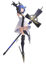 Rule 34 | 1girl, absurdres, armored boots, artist name, azur lane, black dress, black footwear, black gloves, black legwear, blue hair, boots, breasts, cross, cross (weapon), cross necklace, detached collar, dress, fleur-de-lis, floating headgear, from below, full body, gascogne (azur lane), gauntlets, gloves, halo, headgear, highres, holding, holding cross, jewelry, knee boots, leg up, looking away, mechanical halo, medium breasts, necklace, short hair, simple background, solo, strapless, strapless dress, two-tone dress, white background, white dress, xinzhibifang, yellow eyes
