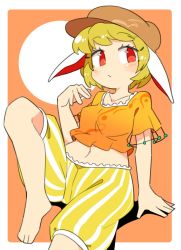 Rule 34 | 1girl, animal ears, barefoot, blonde hair, blush, border, brown hat, cabbie hat, closed mouth, floppy ears, hat, ini (inunabe00), navel, orange shirt, rabbit ears, red eyes, ringo (touhou), shirt, short hair, short sleeves, shorts, solo, striped clothes, striped shorts, touhou, vertical stripes, white border, yellow shorts