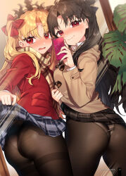 Rule 34 | 2girls, absurdres, ass, black hair, black ribbon, blonde hair, blush, breasts, cellphone, clothes lift, coat, ereshkigal (fate), fate/grand order, fate (series), highres, ishtar (fate), lifting own clothes, long hair, long sleeves, looking at viewer, medium breasts, mirror, multiple girls, non-web source, open mouth, panties, panties under pantyhose, pantyhose, phone, plaid, plaid skirt, plant, pocket, red eyes, red ribbon, ribbon, sakura yuki (clochette), scarf, selfie, siblings, sisters, skirt, skirt lift, smartphone, smile, sweat, tearing up, thighband pantyhose, tiara, twintails, underwear