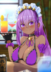 Rule 34 | 1girl, absurdres, bare shoulders, bb (fate), bb (fate) (all), bb (swimsuit mooncancer) (fate), beer can, bikini, bikini top only, black gloves, blush, bracelet, breasts, can, cleavage, closed mouth, cocktail glass, collarbone, cup, dark-skinned female, dark skin, drink can, drinking glass, drinking straw, ear piercing, earrings, fate/grand order, fate (series), female focus, fingerless gloves, gloves, highres, holding, holding tray, indoors, jewelry, large breasts, long hair, looking at viewer, maid headdress, matching hair/eyes, oppaihobby, piercing, purple eyes, purple hair, serval tail, smile, solo, star (symbol), star earrings, swimsuit, table, tail, tray, upper body, window