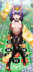 Rule 34 | 1girl, bob cut, breasts, covered erect nipples, eyeliner, fate/grand order, fate (series), headpiece, heart pasties, high heels, highres, horns, legs, looking at viewer, makeup, meme attire, mouth hold, navel, oni, pasties, poker chip, poker table, purple eyes, purple hair, reverse bunnysuit, reverse outfit, saint quartz (fate), short hair, shuten douji (fate), sitting, skin-covered horns, small breasts, solo, sterben, summon ticket (fate), table, tongue, tongue out