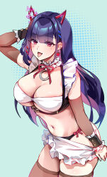 Rule 34 | 1girl, absurdres, akuma nihmune, apron, bare shoulders, blush, breasts, brown thighhighs, cleavage, demon horns, detached sleeves, earrings, facial mark, fang, foxyreine, hair ornament, hairclip, heart, heart earrings, heart facial mark, highres, horns, indie virtual youtuber, jewelry, large breasts, long hair, looking at viewer, maid headdress, mole, mole under eye, navel, o-ring, open mouth, purple eyes, purple hair, solo, thighhighs, thighs, virtual youtuber, waist apron