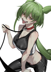Rule 34 | 1girl, absurdres, bare arms, bare shoulders, black pants, breasts, cleavage, collar, collarbone, commentary request, fangs, fixro2n, green hair, groin, hair between eyes, hand up, highres, holding, holding leash, leash, long hair, looking at viewer, medium breasts, open mouth, orange eyes, pants, pointy ears, red collar, simple background, solo, tongue, tongue out, very long hair, voicevox, white background, zundamon