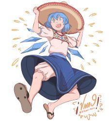 Rule 34 | !, 1girl, bloomers, blouse, blue eyes, blue hair, cirno, commentary, copyright name, flip-flops, frilled sleeves, frills, full body, hair between eyes, hands on headwear, hat, highres, ice, ice wings, looking at viewer, mefomefo, mexico, puffy short sleeves, puffy sleeves, round teeth, sandals, shirt, short hair, short sleeves, simple background, skirt, solo, sombrero, teeth, text focus, touhou, underwear, white background, wings