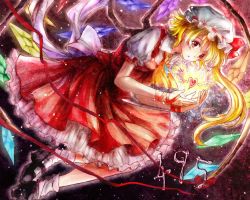 Rule 34 | 1girl, :o, ankle socks, ascot, aura, blonde hair, bow, dutch angle, faux traditional media, flandre scarlet, glowing, gradient background, hat, hat ribbon, heart, light particles, looking at viewer, mary janes, mob cap, petticoat, red eyes, ribbon, shoes, short hair, short sleeves, side ponytail, sideways glance, skirt, skirt set, socks, solo, soushi (shio040), touhou, wings, wrist ribbon