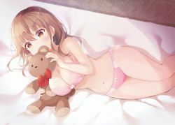 Rule 34 | 1girl, absurdres, bed, bed sheet, bra, breasts, brown eyes, brown hair, cleavage, collarbone, commentary request, covered mouth, hair between eyes, highres, holding, holding stuffed toy, large breasts, lying, medium hair, navel, on side, original, panties, pink bra, pink panties, second-party source, shiro kuma shake, sidelocks, solo, stuffed animal, stuffed toy, teddy bear, thighs, underwear, underwear only