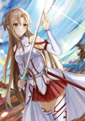 Rule 34 | 1girl, absurdres, armor, asuna (sao), braid, breastplate, brown eyes, brown hair, detached sleeves, dutch angle, french braid, highres, holding, holding sword, holding weapon, long hair, long sleeves, miniskirt, outdoors, parted lips, pleated skirt, red skirt, sheath, skirt, solo, standing, sword, sword art online, syukuhuku 0, thighhighs, unsheathed, very long hair, waist cape, weapon, white sleeves, white thighhighs, zettai ryouiki
