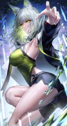 Rule 34 | 1girl, absurdres, akqne, animal ears, arknights, arm up, armpits, ass, bare legs, black footwear, black jacket, boots, breasts, cat ears, closed mouth, crystal, from side, gradient hair, green eyes, green hair, grey hair, highres, jacket, kal&#039;tsit (arknights), kal&#039;tsit (remnant) (arknights), knee boots, knee up, large breasts, long hair, long sleeves, looking at viewer, looking to the side, multicolored hair, official alternate costume, open clothes, open jacket, outstretched arm, short shorts, shorts, solo