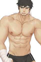 Rule 34 | 1boy, abs, absurdres, bandaged arm, bandages, bara, black hair, bulge, character request, check character, cowboy shot, dungeon and fighter, facial hair, fighter (dungeon and fighter), headband, heavy breathing, highres, kulolin, large pectorals, long sideburns, looking at viewer, male focus, mature male, muscular, muscular male, navel, nipples, pectorals, short hair, sideburns, solo, stomach, stubble, sweat, thick eyebrows, topless male