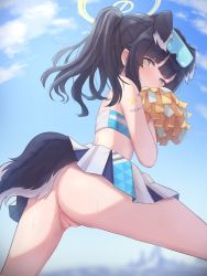 Rule 34 | 1girl, animal ears, anus, ass, bare arms, bare shoulders, black hair, blue archive, blue sky, blush, breasts, cameltoe, cheerleader, cleft of venus, cloud, covering own mouth, crop top, crop top overhang, day, dog ears, dog girl, dog tail, extra ears, eyewear on head, goggles, goggles on head, halo, hibiki (blue archive), hibiki (cheer squad) (blue archive), highres, holding, holding pom poms, kirakugakusyu, long hair, looking at viewer, midriff, millennium cheerleader outfit (blue archive), miniskirt, no panties, outdoors, paid reward available, pleated skirt, pom pom (cheerleading), pom poms, ponytail, pussy, skirt, sky, sleeveless, solo, spread legs, standing, star sticker, sticker on arm, sunglasses, sweat, tail, text print, thighs, white skirt