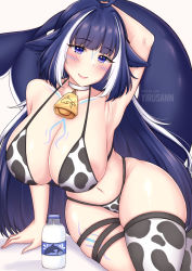 Rule 34 | 1girl, ahoge, animal ears, animal print, arm behind head, arm tattoo, arm up, artist name, bell, bikini, black hair, blush, breasts, cetacean tail, chest tattoo, choker, cleavage, commentary, cow print, cowbell, english commentary, fins, fish tail, highres, indie virtual youtuber, large breasts, leg tattoo, long hair, looking at viewer, milk, multicolored hair, navel, orca girl, purple eyes, shylily, streaked hair, swimsuit, tail, tattoo, thigh strap, thighhighs, virtual youtuber, white choker, white hair, yirusann