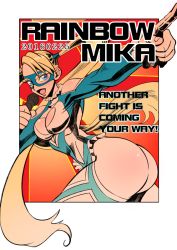 Rule 34 | 1girl, 9-me, ass, bad id, bad pixiv id, bare shoulders, blonde hair, blue eyes, breasts, capcom, cleavage, dated, leotard, long hair, looking at viewer, mask, microphone, pointing, rainbow mika, shoulder cutout, solo, street fighter, street fighter v, twintails, wrestling outfit