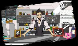 Rule 34 | 1boy, animal, black hair, black vest, bottle, cafe, chalkboard, coffee cup, collared shirt, cup, disposable cup, eyebrows, facial hair, glasses, hair slicked back, hanekoma sanae, highres, indoors, male focus, microwave, neck, pig, shirt, short sleeves, smile, solo, solo focus, stubble, subarashiki kono sekai, upper body, vest, white shirt