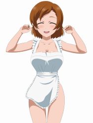 Rule 34 | 10s, 1girl, apron, blush, breasts, brown hair, cleavage, closed eyes, cowboy shot, female focus, frills, gundam, gundam age, highres, kh-fullhouse, large breasts, naked apron, romary stone, short hair, simple background, solo, standing, white background