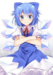 Rule 34 | &gt;:), 1girl, blue bow, blue dress, blue eyes, blue hair, blush, bow, cirno, closed mouth, collared shirt, cowboy shot, crossed arms, detached wings, doyagao, dress, e.o., frilled dress, frills, gradient background, grey background, hair bow, highres, ice, ice wings, neck ribbon, pinafore dress, puffy short sleeves, puffy sleeves, red ribbon, ribbon, shirt, short hair, short sleeves, sleeveless dress, smile, smug, snowflakes, solo, touhou, white shirt, wings