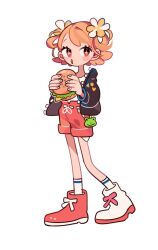 Rule 34 | + +, 1girl, :o, animal charm, ankle socks, asymmetrical footwear, black jacket, black sleeves, boots, bow, burger, cheese, circle, commentary, dated commentary, dolman (dm), eyelashes, fingernails, flower, food, footwear bow, frog charm, full body, hair flower, hair ornament, heart, heart print, high-waist shorts, holding, holding food, jacket, lettuce, light blush, long sleeves, looking at viewer, mismatched footwear, open clothes, open jacket, open mouth, orange eyes, orange hair, original, pink bow, pink footwear, pink shorts, ribbon, ribbon-trimmed shorts, ribbon trim, sesame seeds, shirt, short hair, shorts, simple background, socks, solo, sparkling eyes, triangle print, two-tone flower, waist ribbon, white background, white bow, white flower, white footwear, white ribbon, white shirt, white socks, yellow flower, zipper