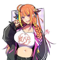 Rule 34 | 1girl, ahoge, alternate costume, belt, braid, breasts, clothes writing, collarbone, cowboy shot, dragon girl, dragon horns, ear piercing, fingernails, hand in pocket, hand up, highres, hololive, horns, isuka, jacket, jewelry, kiryu coco, large breasts, long hair, looking at viewer, midriff, multicolored hair, navel, navel piercing, necklace, orange hair, piercing, pointy ears, red eyes, shadow, side braid, signature, simple background, solo, streaked hair, tongue piercing, virtual youtuber, white background