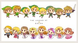 Rule 34 | 6+boys, 6+girls, absurdres, belt, blonde hair, blue eyes, blue shirt, bracelet, brown hair, chibi, elbow gloves, full body, gloves, gummy (puffaluficus), hair tubes, highres, holding hands, jewelry, link, master sword, multiple boys, multiple girls, multiple persona, nintendo, pointy ears, princess zelda, shirt, the legend of zelda, the legend of zelda: a link between worlds, the legend of zelda: a link to the past, the legend of zelda: breath of the wild, the legend of zelda: ocarina of time, the legend of zelda: skyward sword, the legend of zelda: the wind waker, the legend of zelda: twilight princess, the legend of zelda (nes), tiara, toon link, toon zelda, triforce, tunic, young link, young zelda